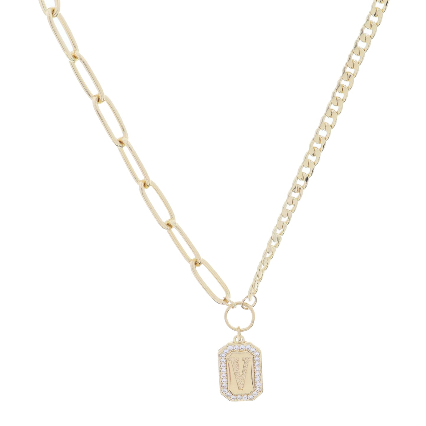 Shiny Gold Half Paperclip, Half Curb Chain with Crystal Edged "V" Initial Emerald Plate Necklace