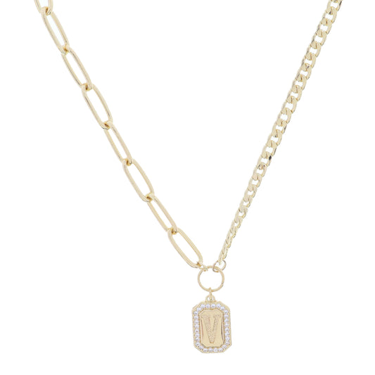 Shiny Gold Half Paperclip, Half Curb Chain with Crystal Edged "V" Initial Emerald Plate Necklace