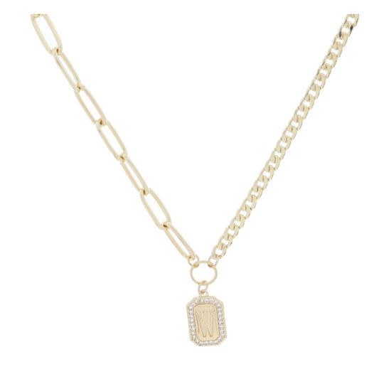 Shiny Gold Half Paperclip, Half Curb Chain with Crystal Edged "W" Initial Emerald Plate Necklace