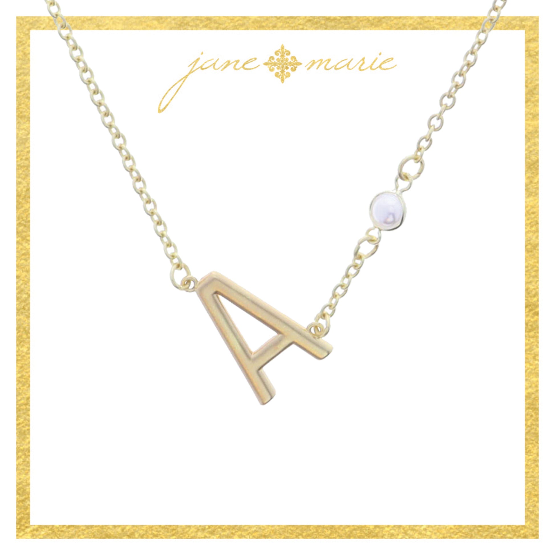 Gold Sideways "A" Initial with Pearl Bezel Station Accent Necklace