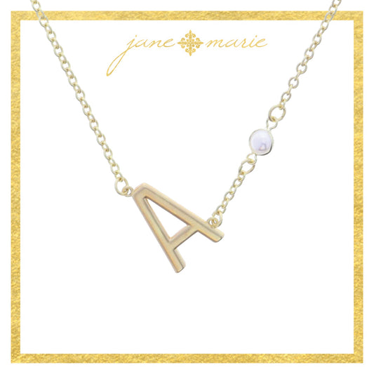 Gold Sideways "A" Initial with Pearl Bezel Station Accent Necklace