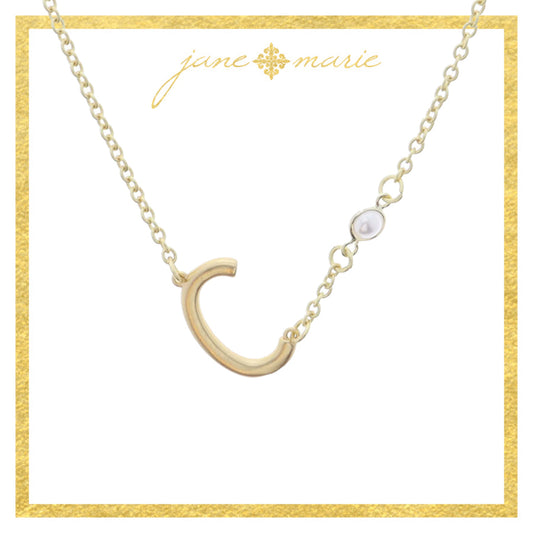 Gold Sideways "C" Initial with Pearl Bezel Station Accent Necklace