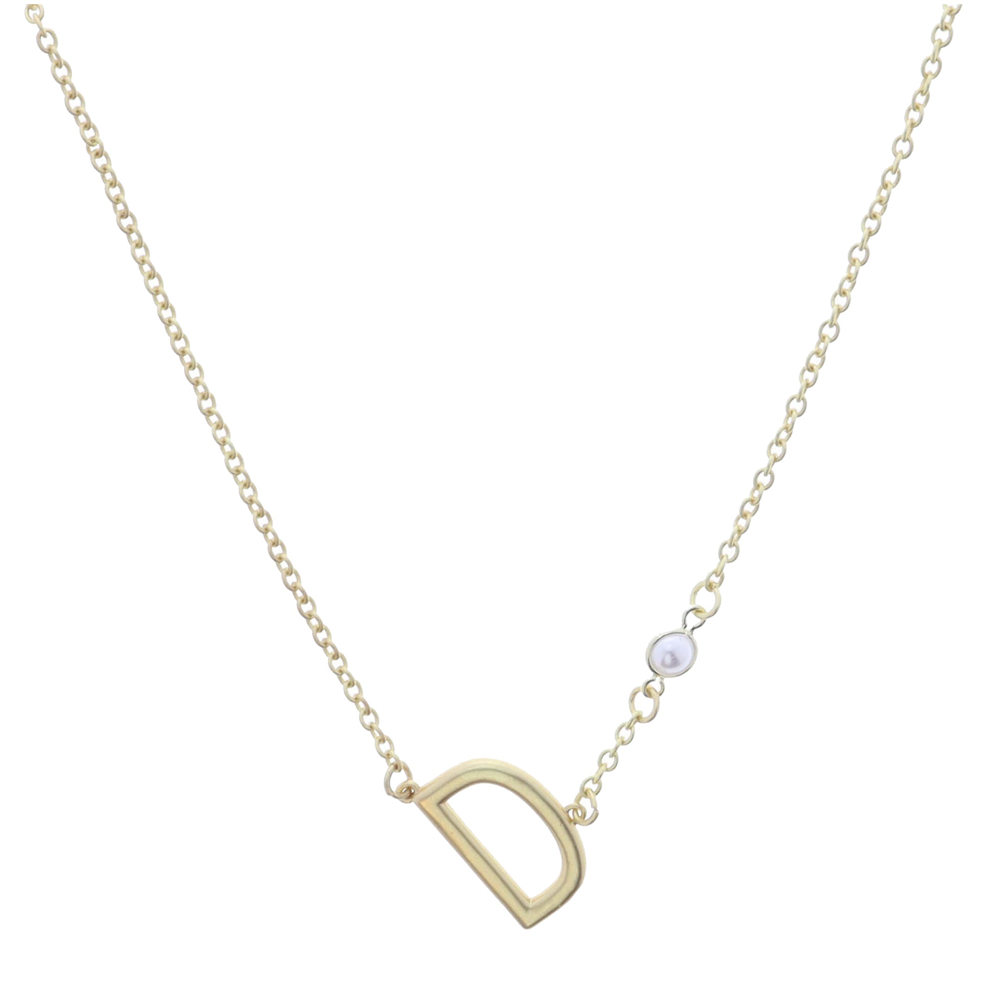 Gold Sideways "D" Initial with Pearl Bezel Station Accent Necklace
