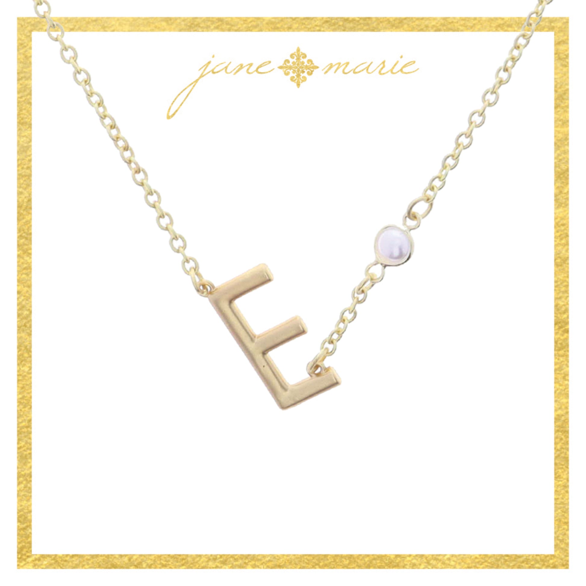 Gold Sideways "E" Initial with Pearl Bezel Station Accent Necklace