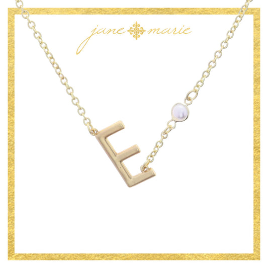 Gold Sideways "E" Initial with Pearl Bezel Station Accent Necklace