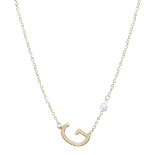 Gold Sideways "G" Initial with Pearl Bezel Station Accent Necklace