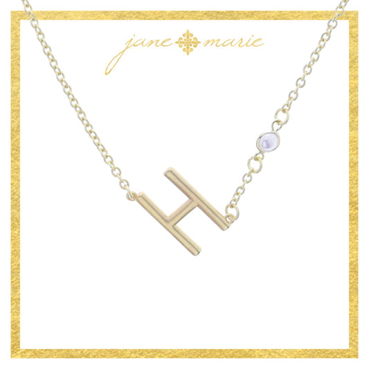 Gold Sideways "H" Initial with Pearl Bezel Station Accent Necklace