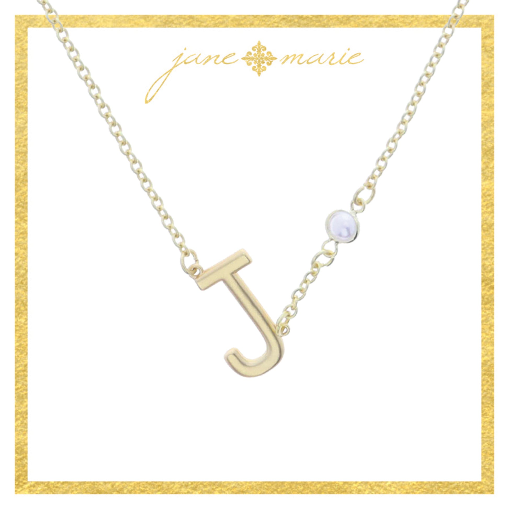 Gold Sideways "J" Initial with Pearl Bezel Station Accent Necklace