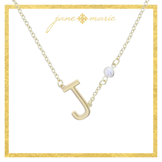 Gold Sideways "J" Initial with Pearl Bezel Station Accent Necklace