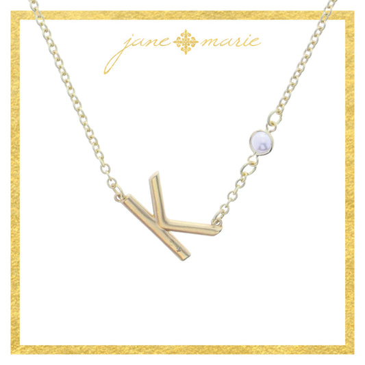 Gold Sideways "K" Initial with Pearl Bezel Station Accent Necklace