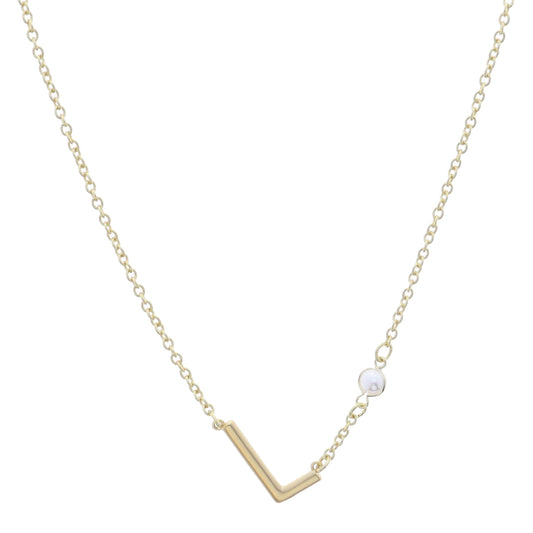 Gold Sideways "L" Initial with Pearl Bezel Station Accent Necklace