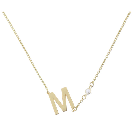 Gold Sideways "M" Initial with Pearl Bezel Station Accent Necklace