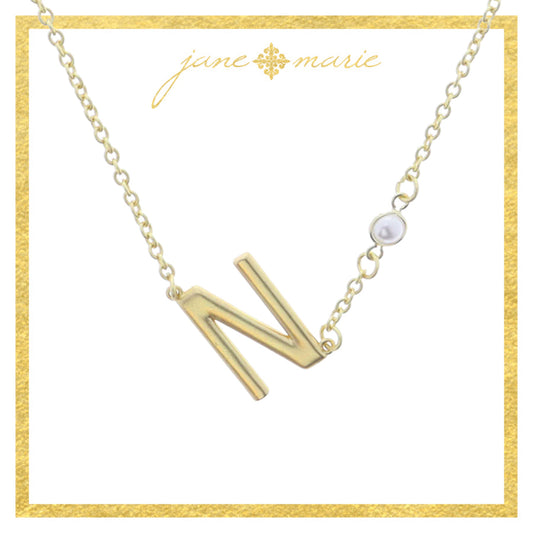 Gold Sideways "N" Initial with Pearl Bezel Station Accent Necklace