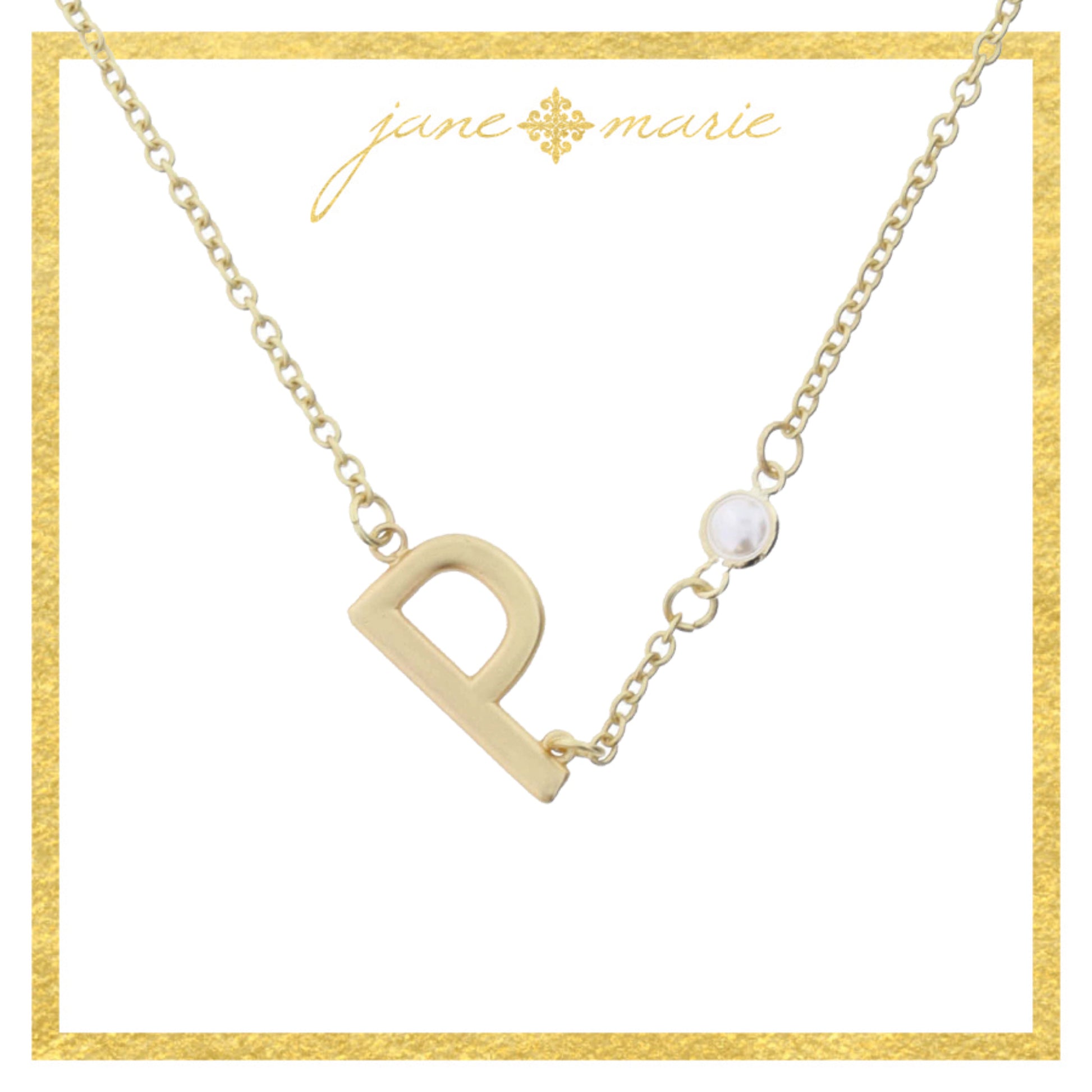 Gold Sideways "P" Initial with Pearl Bezel Station Accent Necklace