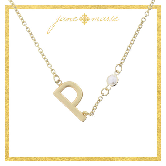 Gold Sideways "P" Initial with Pearl Bezel Station Accent Necklace