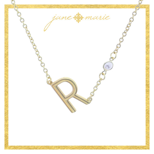 Gold Sideways "R" Initial with Pearl Bezel Station Accent Necklace