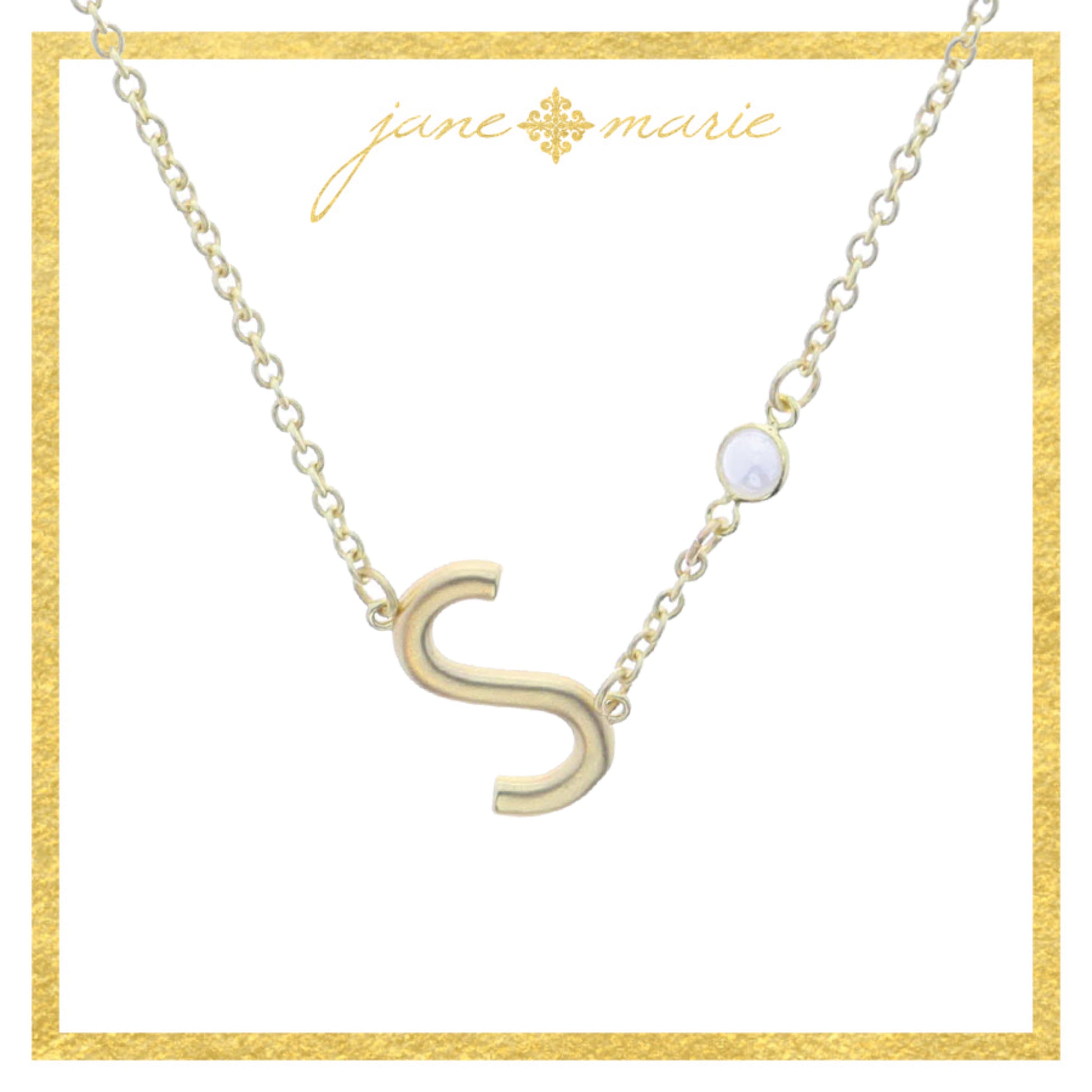 Gold Sideways "S" Initial with Pearl Bezel Station Accent Necklace