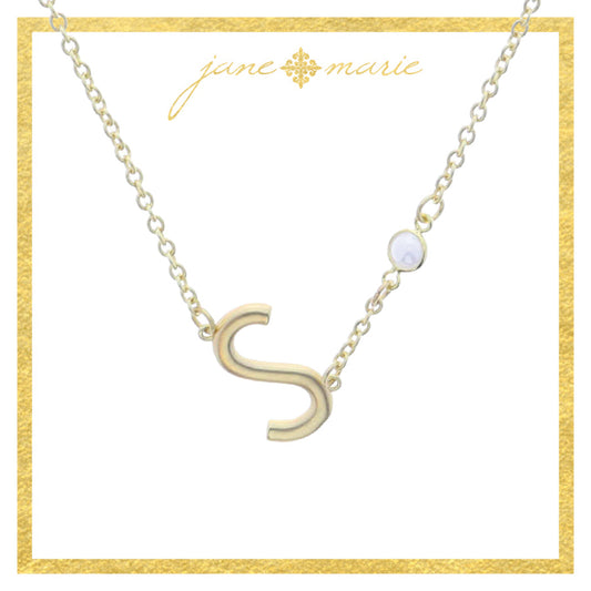 Gold Sideways "S" Initial with Pearl Bezel Station Accent Necklace