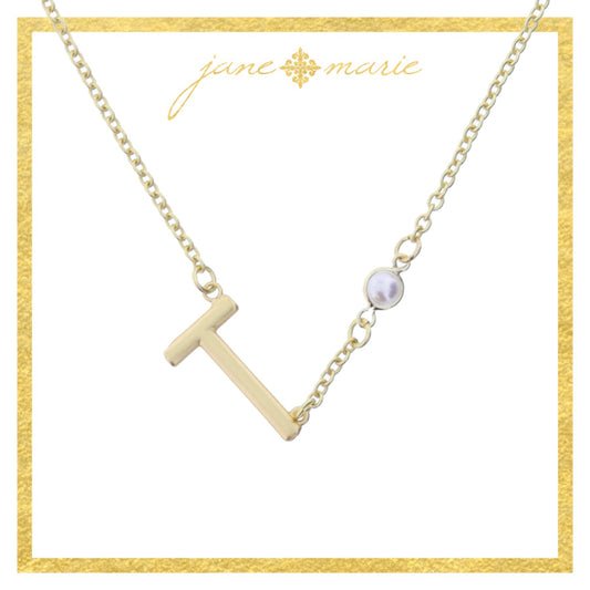 Gold Sideways "T" Initial with Pearl Bezel Station Accent Necklace