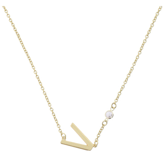 Gold Sideways "V" Initial with Pearl Bezel Station Accent Necklace