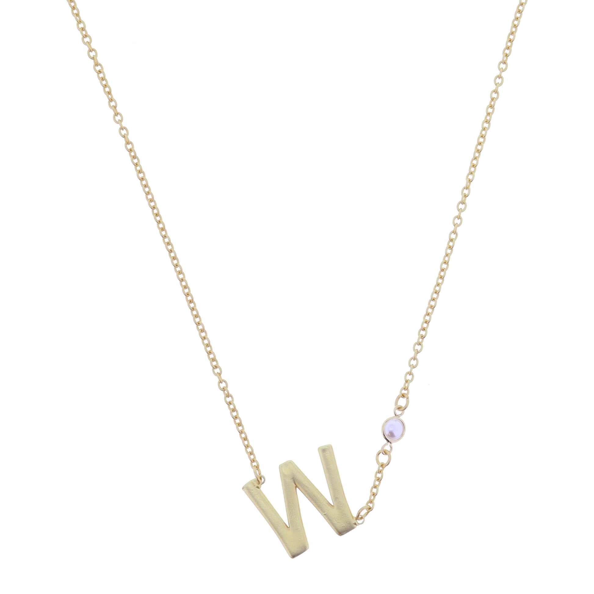 Gold Sideways "W" Initial with Pearl Bezel Station Accent Necklace