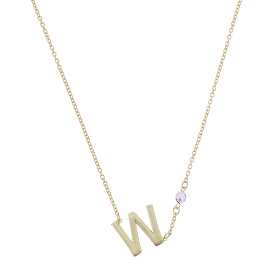 Gold Sideways "W" Initial with Pearl Bezel Station Accent Necklace