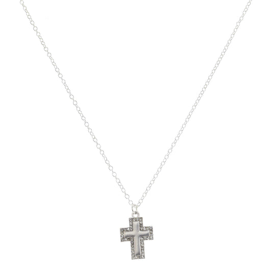 Silver Cross with Clear Crystal Outline Necklace