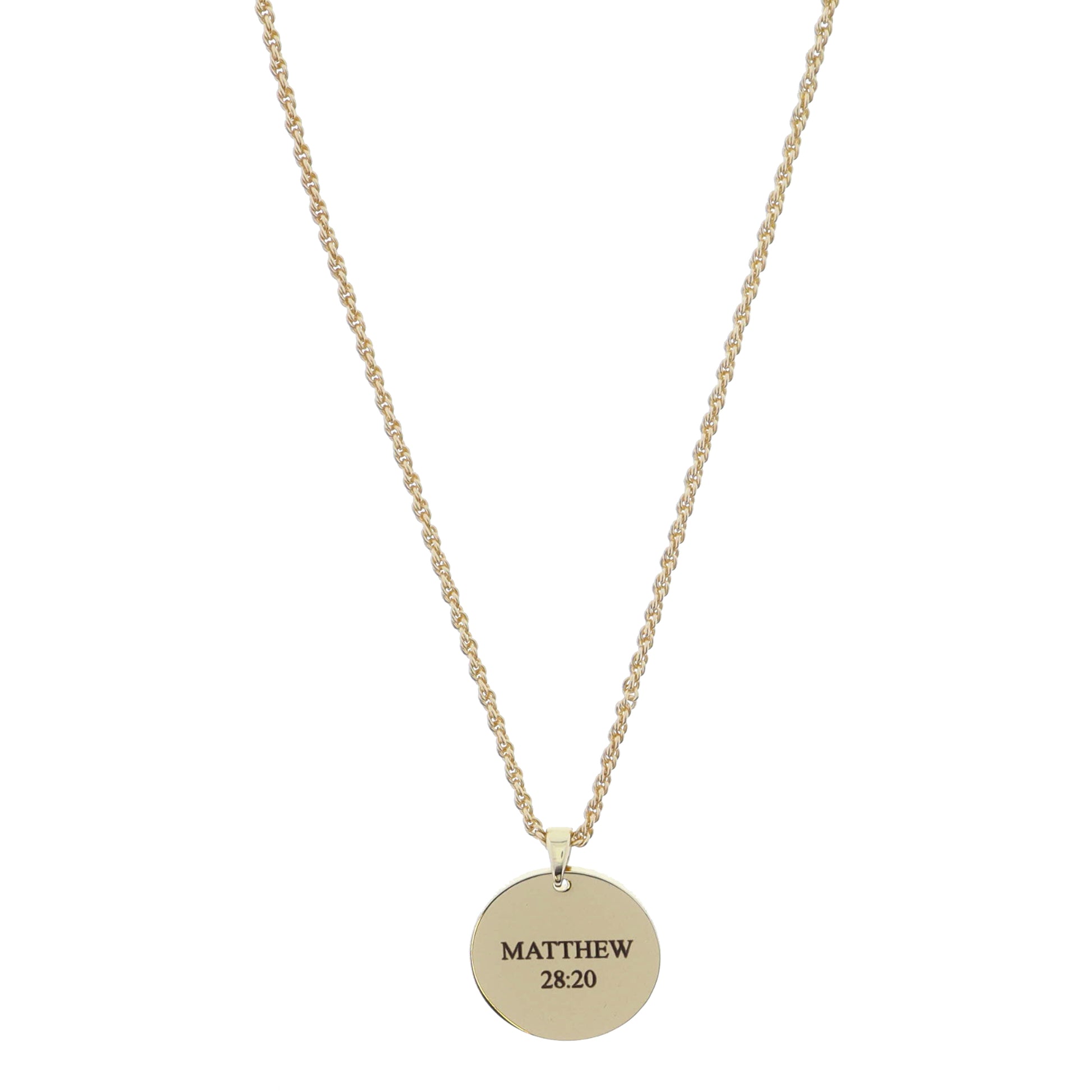 Shiny Gold Circle Disc with "MATTHEW 28:20" Necklace