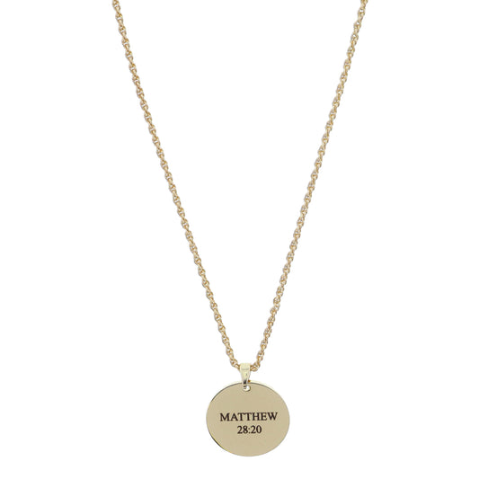 Shiny Gold Circle Disc with "MATTHEW 28:20" Necklace