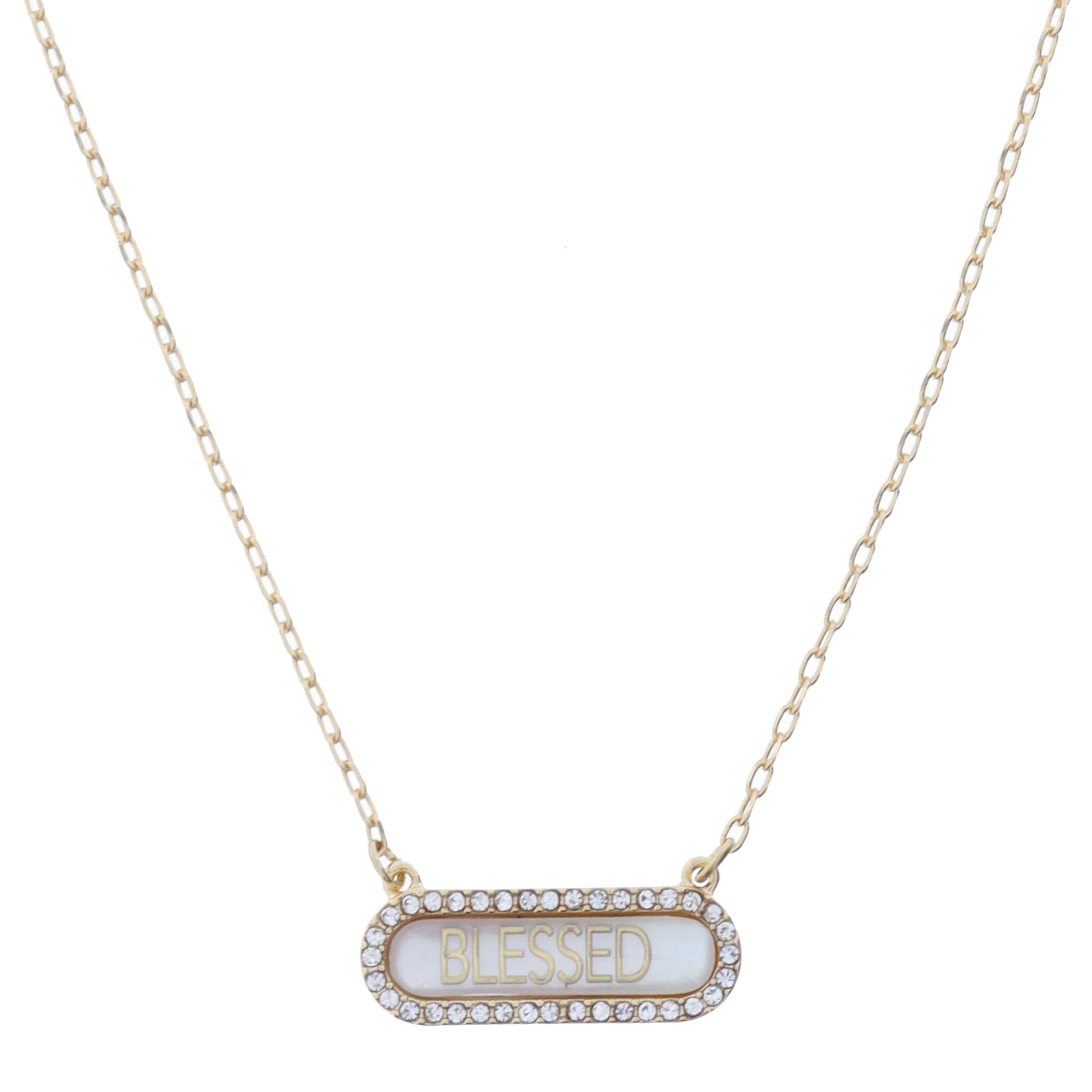 Horizontal "BLESSED" in Shell Inlay Oval with Crystal Edge Necklace