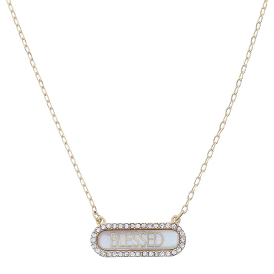 Horizontal "BLESSED" in Shell Inlay Oval with Crystal Edge Necklace