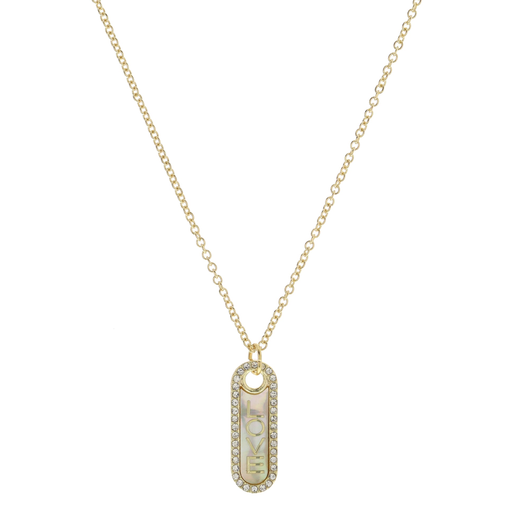 Vertical "LOVE" in Shell Inlay Oval with Crystal Edge Necklace