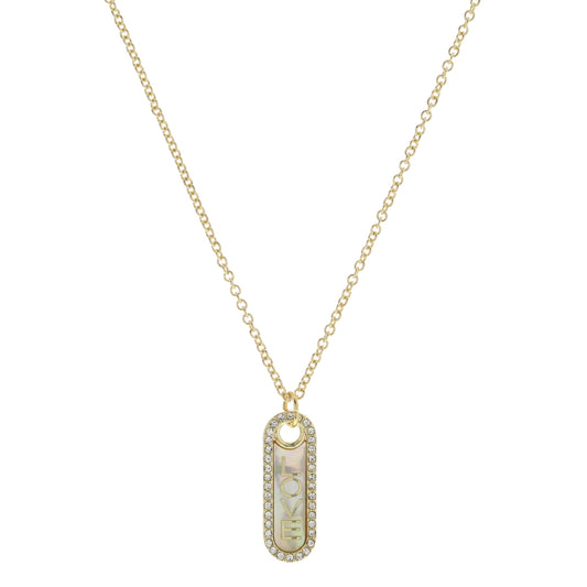 Vertical "LOVE" in Shell Inlay Oval with Crystal Edge Necklace