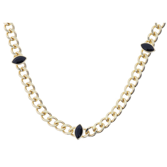 Shiny Gold Curb Chain with Marquise Jet Crystal Bezel Stations Necklace