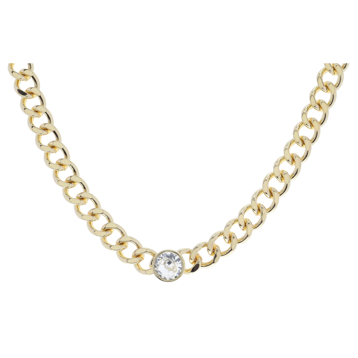 Shiny Gold Curb Chain with Circle Clear Crystal Bezel Necklace