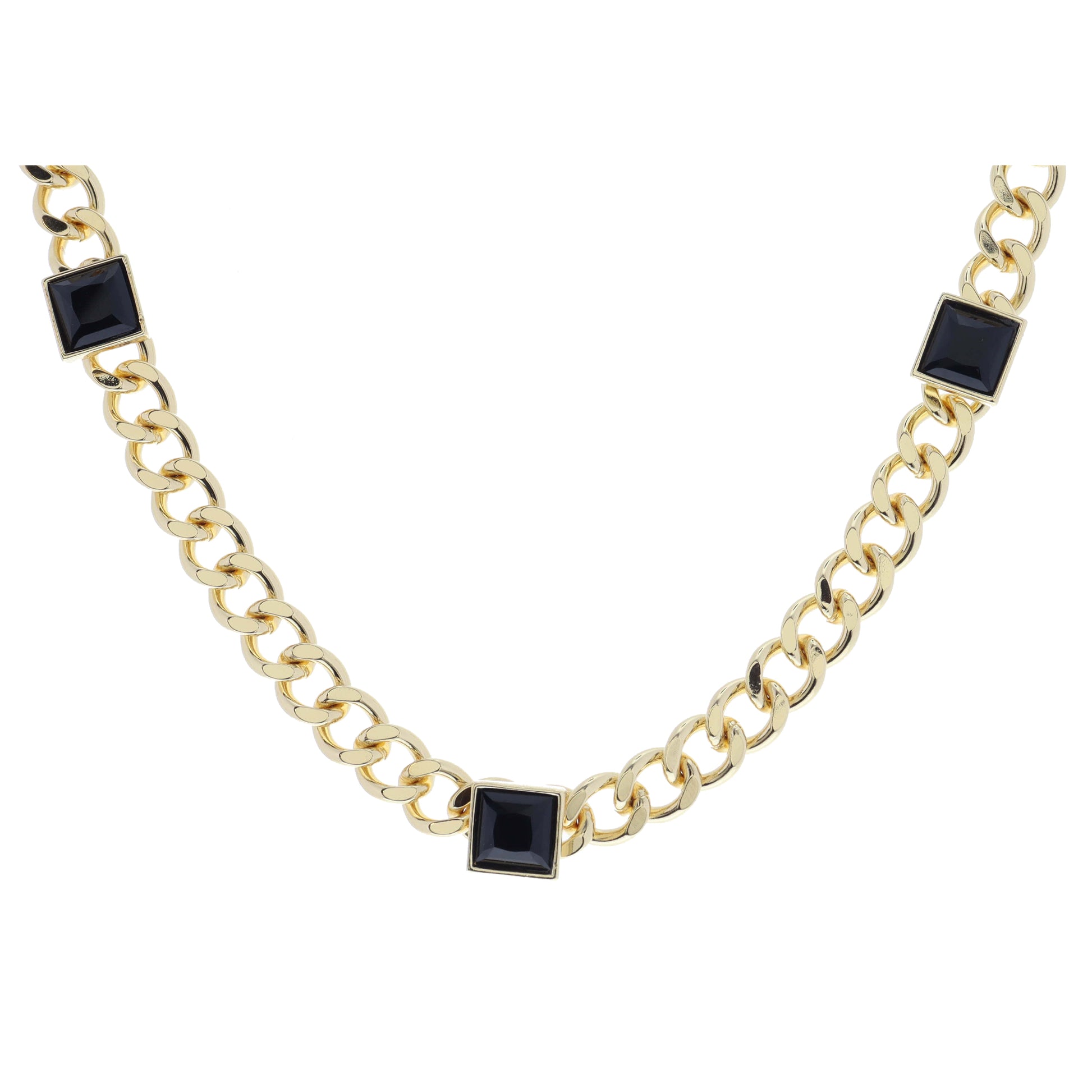 Shiny Gold Curb Chain with Square Jet Crystal Bezel Stations Necklace