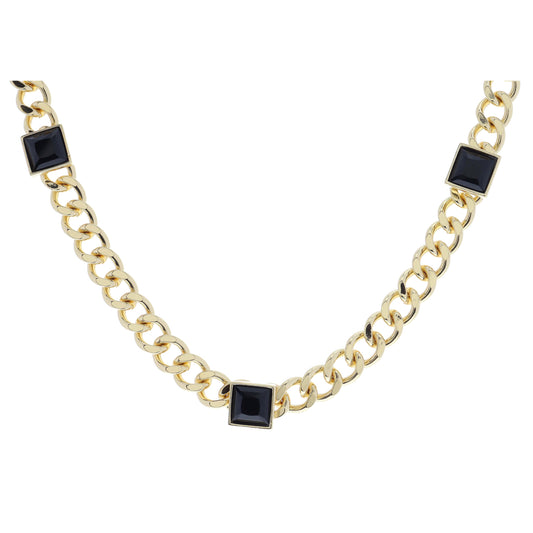 Shiny Gold Curb Chain with Square Jet Crystal Bezel Stations Necklace