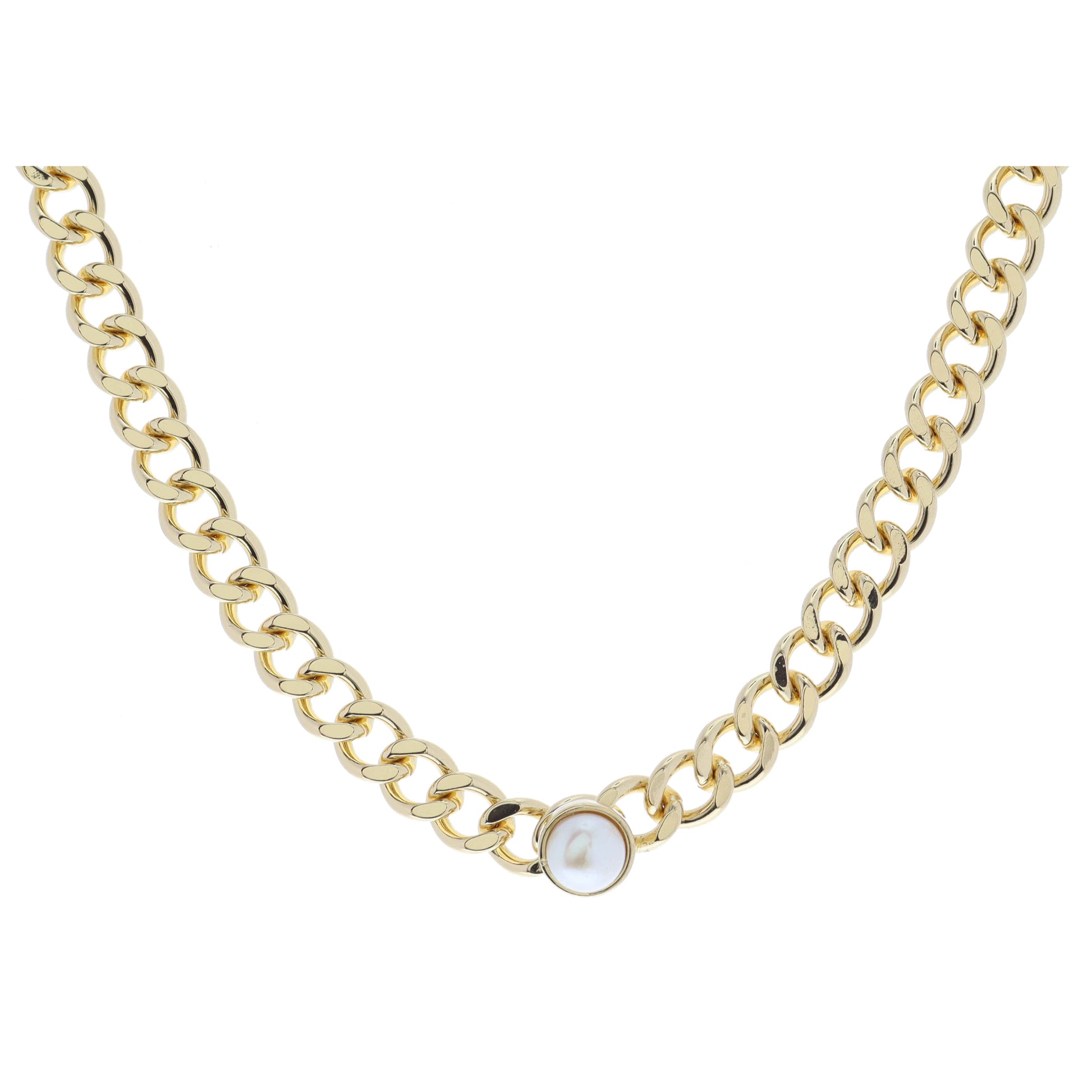 Shiny Gold Curb Chain with Pearl Bezel Necklace