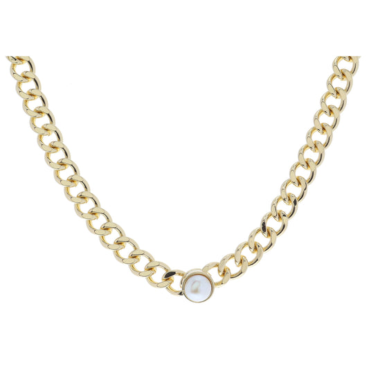 Shiny Gold Curb Chain with Pearl Bezel Necklace