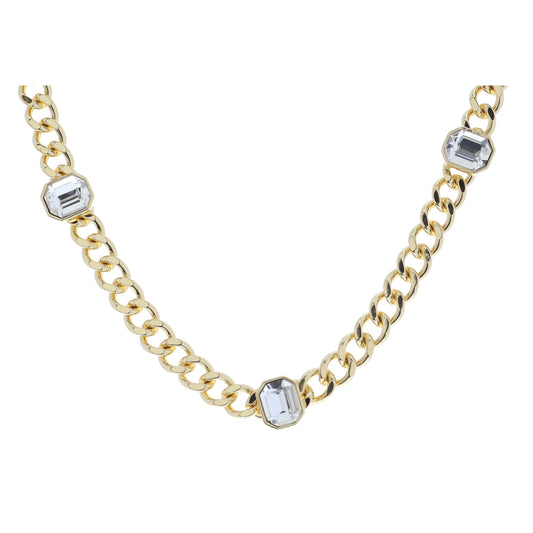 Shiny Gold Curb Chain with Emerald Clear Crystal Bezel Stations Necklace