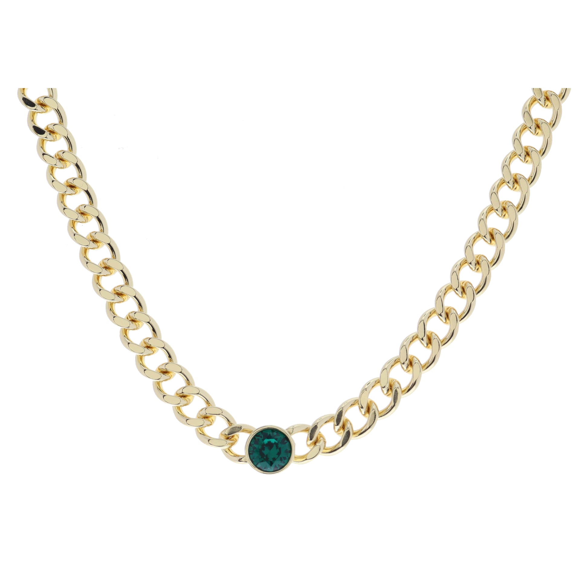 Shiny Gold Curb Chain with Circle Emerald Green Crystal Bezel Necklace