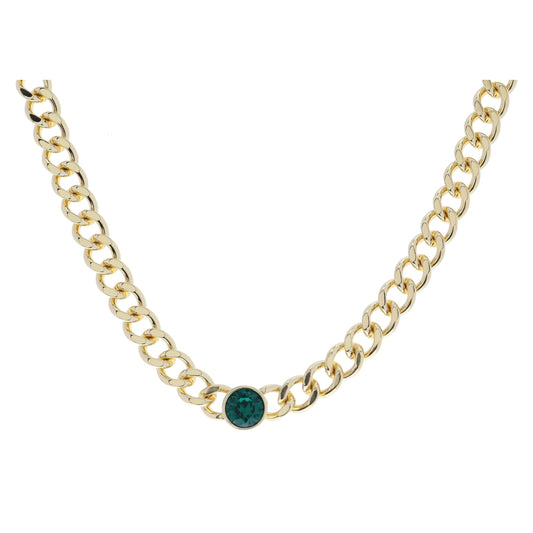 Shiny Gold Curb Chain with Circle Emerald Green Crystal Bezel Necklace