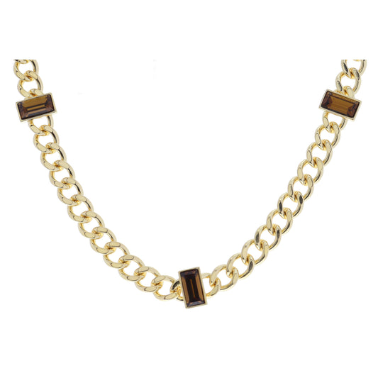 Shiny Gold Curb Chain with Baguette Dark Topaz Crystal Bezel Stations Necklace
