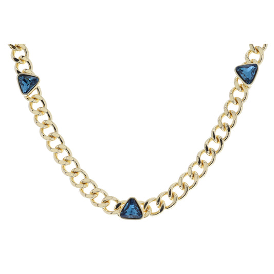 Shiny Gold Curb Chain with Triangular Teal Crystal Bezel Stations Necklace