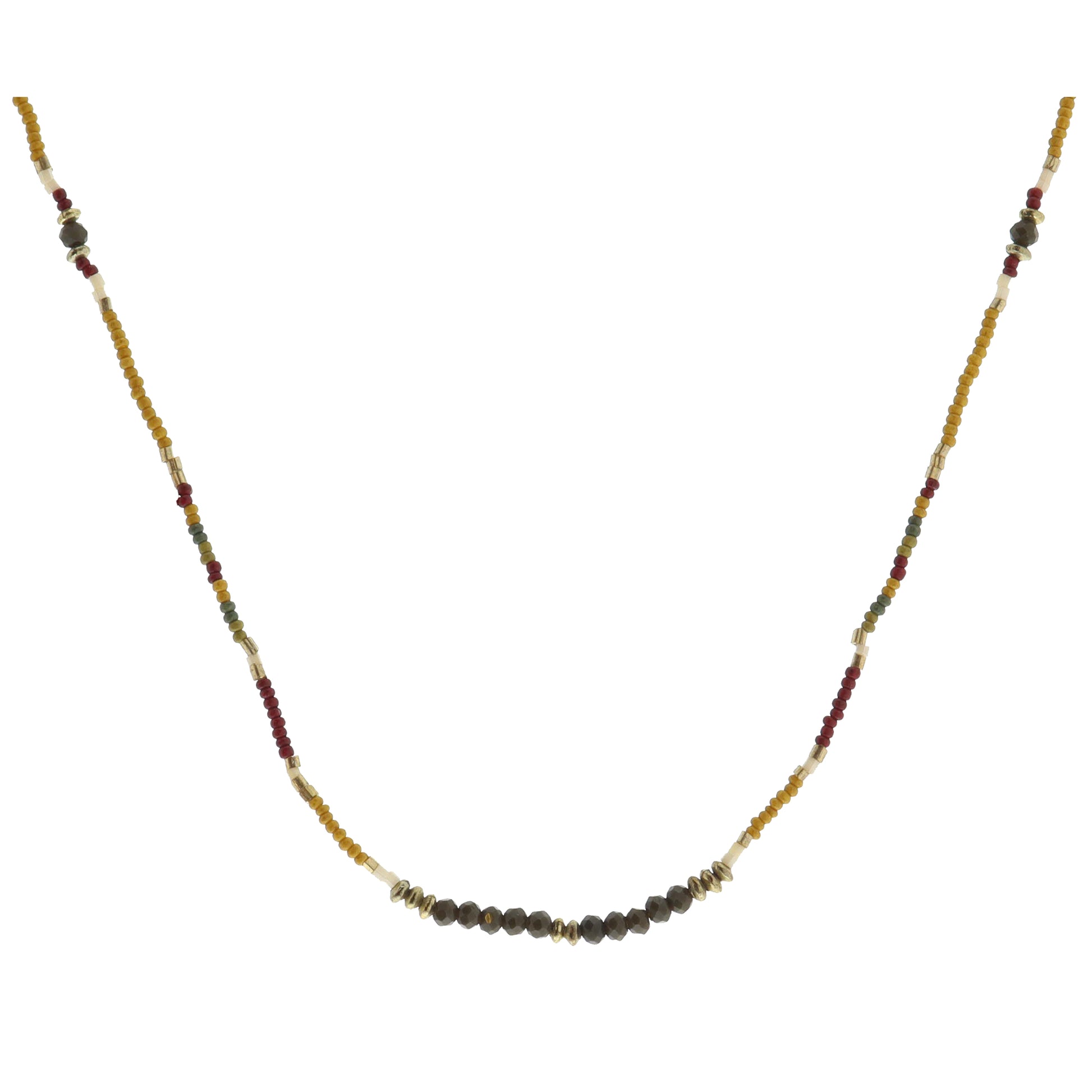 Mustard, Green, Olive, Red, Gold Beaded with Olive Faceted Beaded Portion Necklace