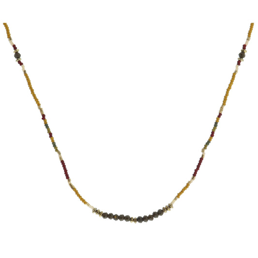 Mustard, Green, Olive, Red, Gold Beaded with Olive Faceted Beaded Portion Necklace