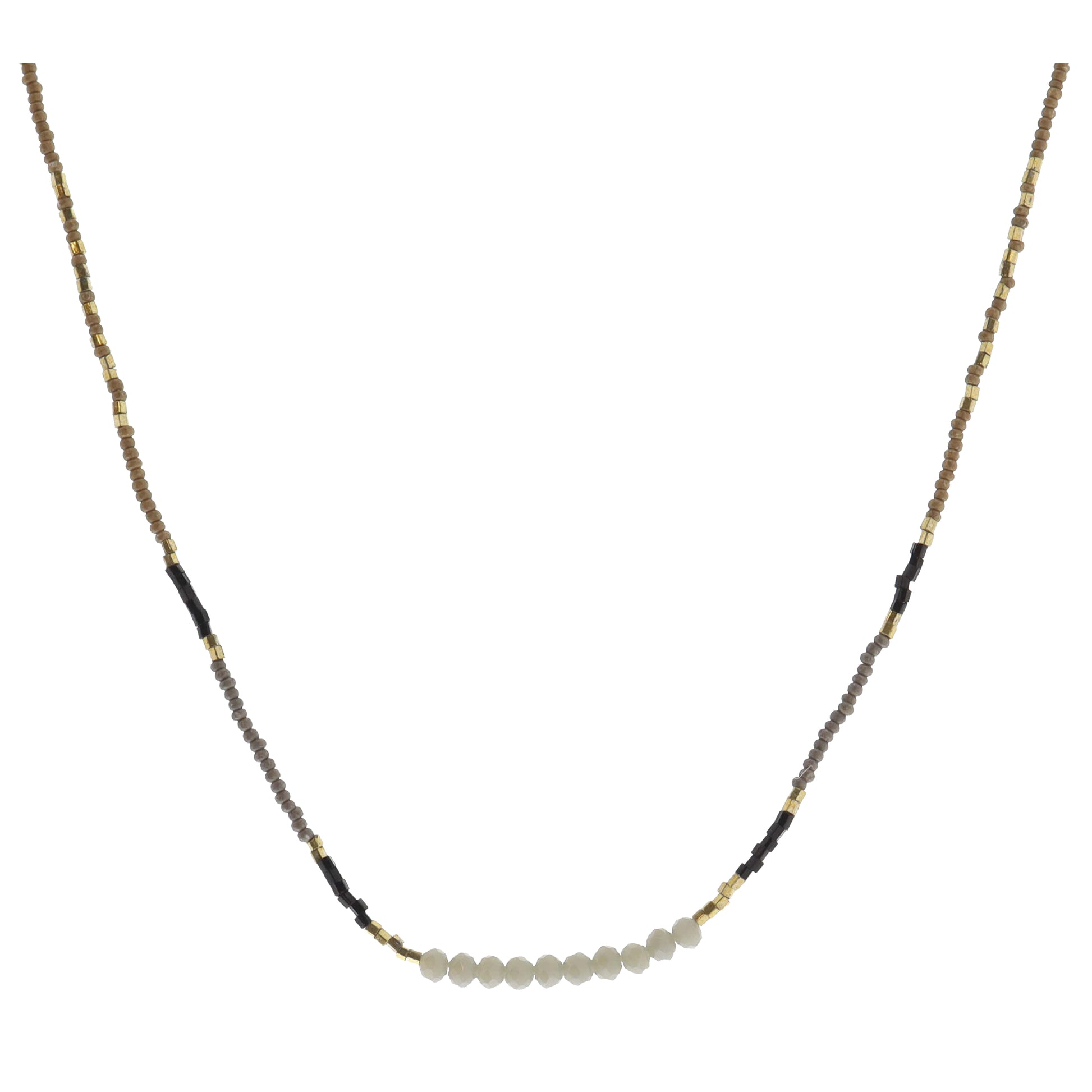 Taupe, Gold, Grey, Black Beaded with Grey Faceted Beaded Portion Necklace