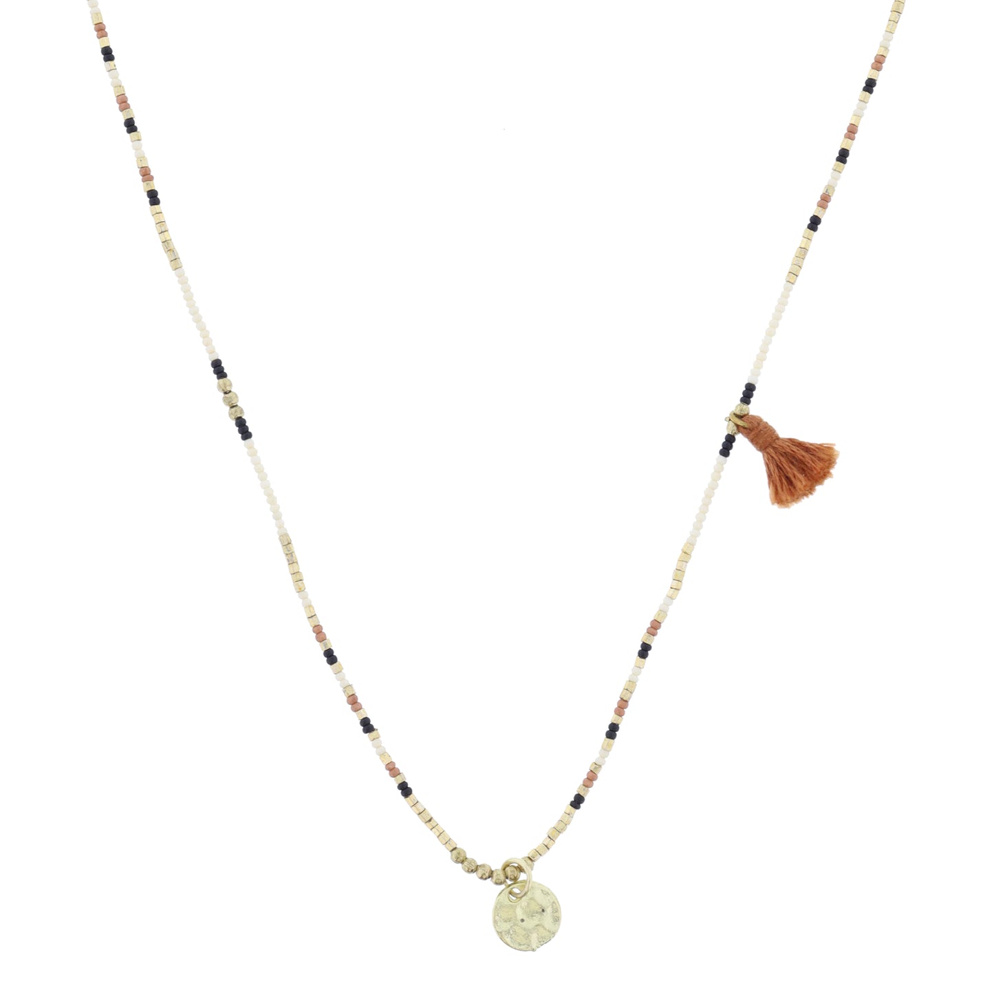 Mauve, Gold, Black, Ivory Beaded with Terra Cotta Tassel and Gold Disc Necklace