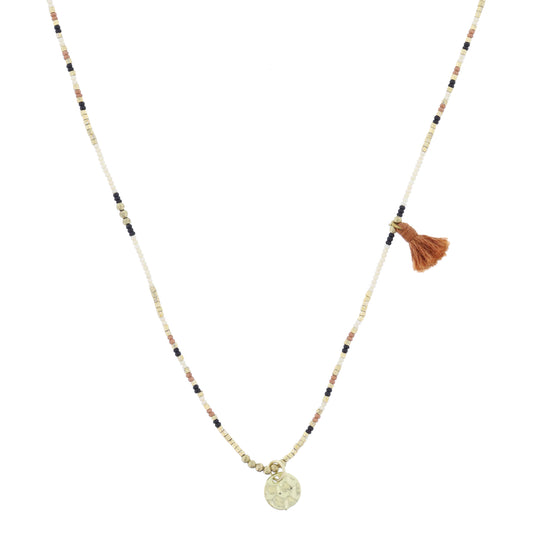 Mauve, Gold, Black, Ivory Beaded with Terra Cotta Tassel and Gold Disc Necklace