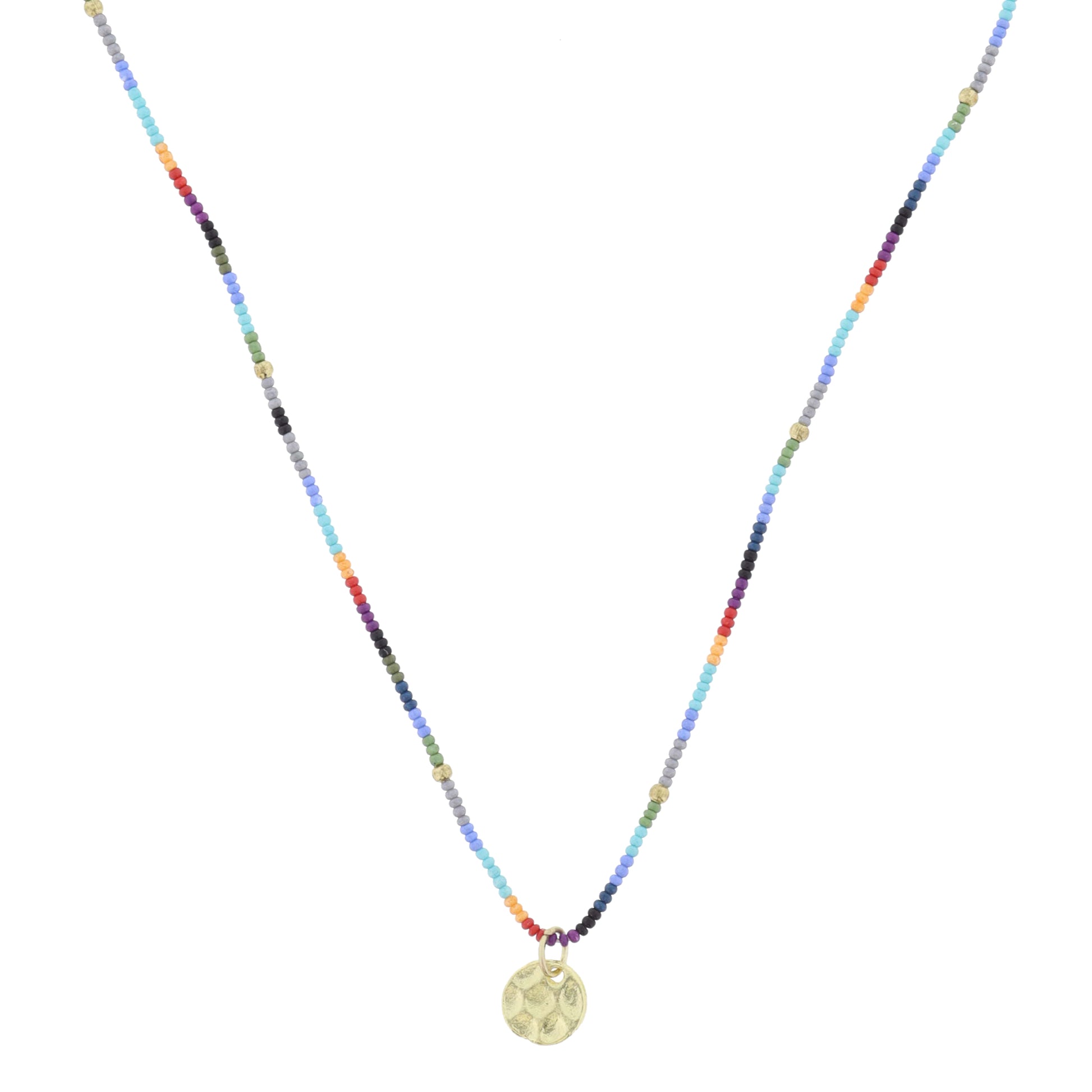 Turquoise and Grey Multi Beaded with Gold Disc Necklace